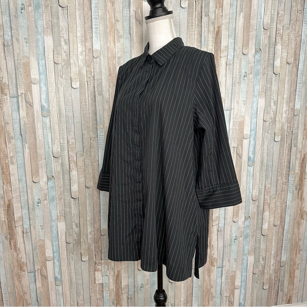 Comfy USA XL Black Stripe Pinstripe Button Down Shirt Tunic Top Blouse Lagenlook